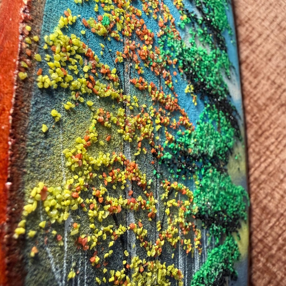 Vintage Hand Painted Live Edge Wood Slab Autumn Forest Lake Landscape Pebble Art - Picture 6 of 12
